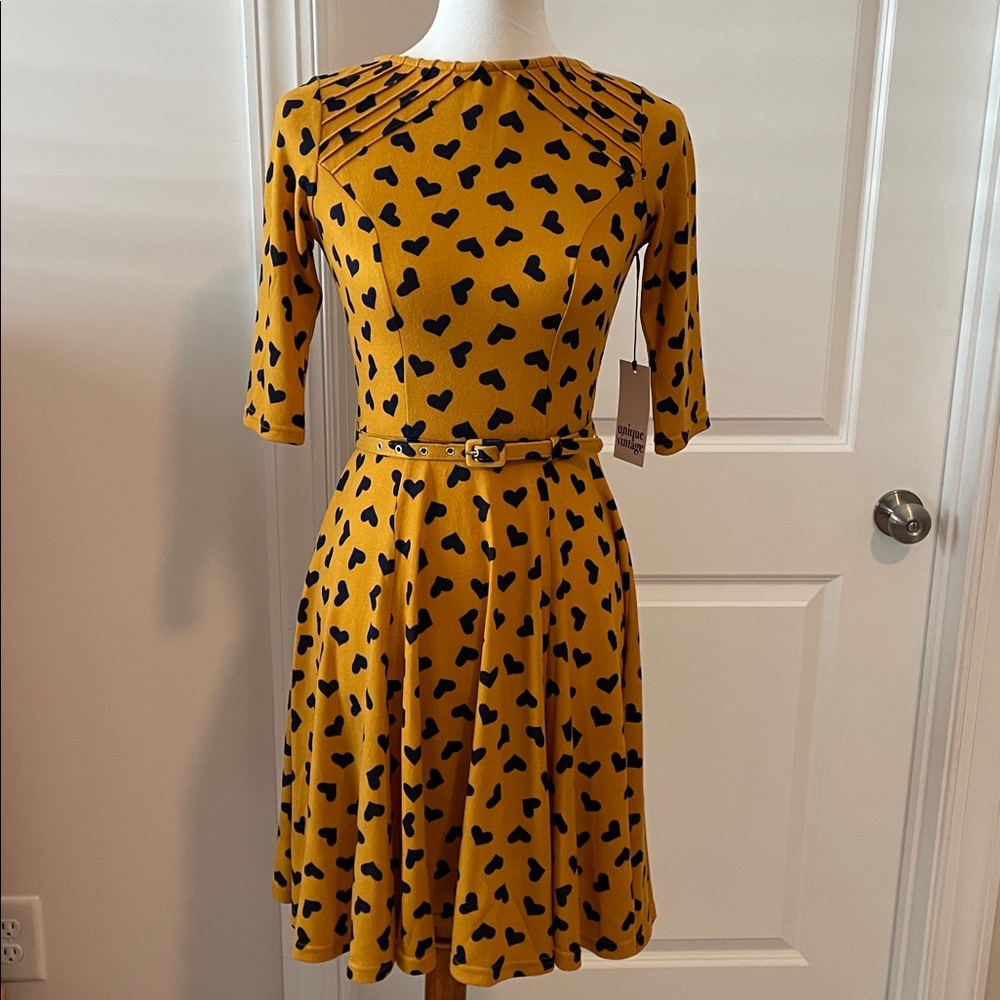 NWT *minor flaw* Unique Vintage mustard hearts dress heart ♥️